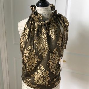 Gold and black lace sleeveless tie neck top